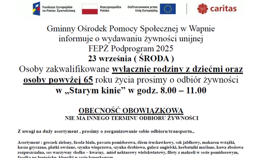 Gminny Ośrodek Pomocy Społecznej w Wapnie informuje o wydawaniu żywności unijne