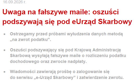 Uwaga na fałszywe maile: oszuści podszywają się pod eUrząd Skarbowy